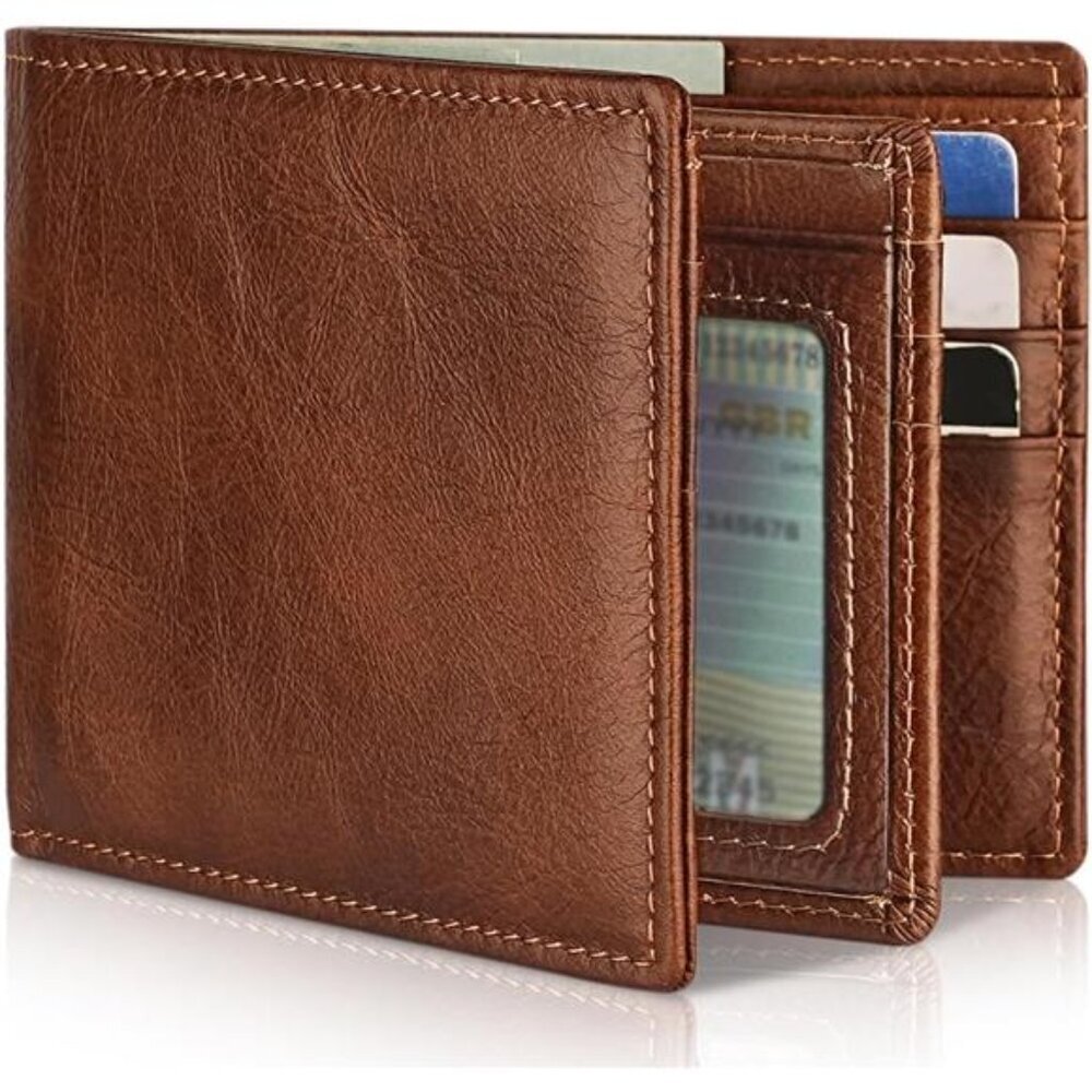 Mens Leather Bifold Wallet RFID Blocking 13 Card Holder 2 Cash Pockets ID Window